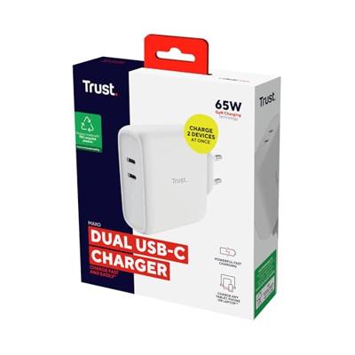 Trust Maxo Oplader USB-C 65W, 2 USB-C Poorten, 75% Gerecycled Materiaal, Snellader Fast USB C Charger Reislader voor iPhone iPad Samsung Galaxy Steam Deck Smartphones Tablets Laptops - Wit