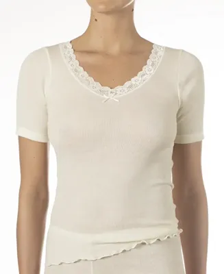 Dames wollen T-shirt met kant - Merino wollen thermo ondergoed korte mouw