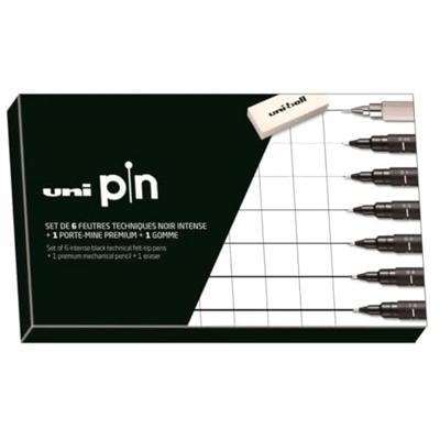 Uni Pin fineliner, ronde punt, zwart, doos van 6 stiften + vulpotlood en gom Uni Pin fineliner, ronde punt, zwart, doos van 6 stiften + vulpotlood en gom