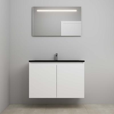 On-Line Badkamermeubelset - 100 cm - Bouwpakket - Greeploze Ladestructuur - Acryl Wastafel - 1 Kraangat - Spiegel met LED-Verlichting - Mat Wit