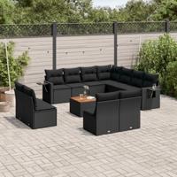 12-delige Loungeset met kussens poly rattan zwart - thumbnail