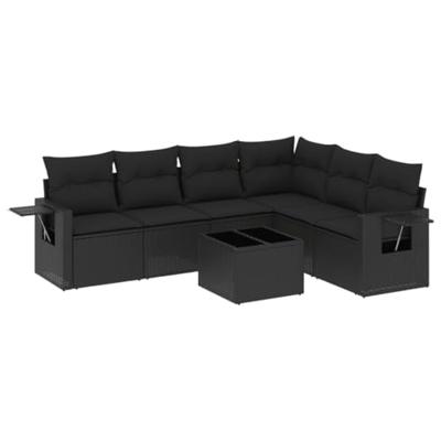 7-delige Loungeset met kussens poly rattan zwart
