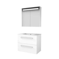 Basic-Line Premium 46 Badkamermeubelset - 80 x 46 cm - Met Grepen - 2 Lades - Keramische Wastafel - 1 Kraangat - Spiegelkast met LED Verlichting - Ice White - thumbnail