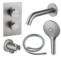 Fortifura Calvi Badkraan set - uitloop - 22cm inkortbaar - gladde slang - ronde handdouche - inbouwdeel - wandhouder - geborsteld RVS PVD SW542645/SW728177/SW1159493/SW1122512/SW799447 - thumbnail