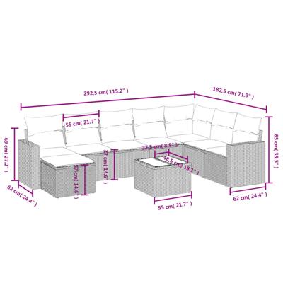 8-delige Loungeset met kussens poly rattan beige - thumbnail