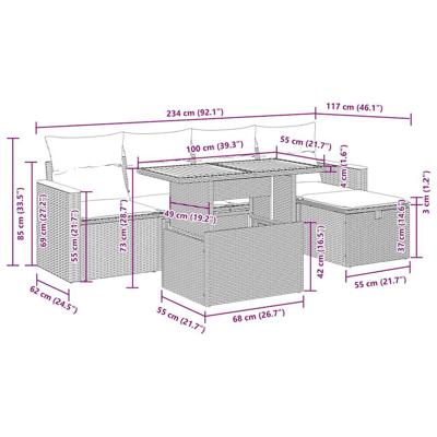 6-delige Loungeset met kussens poly rattan beige