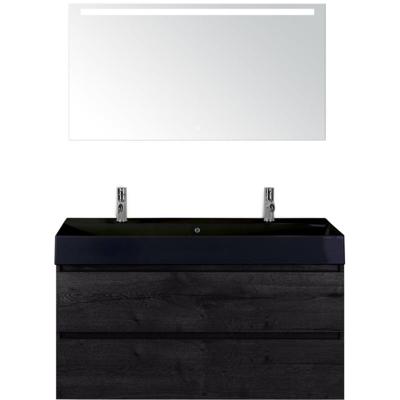Maxx XL Badmeubelset 120 cm - Black Oak - Wastafel Kube Enkel Zwart 2 Kraangaten met LED Spiegel