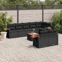 9-delige Loungeset met kussens poly rattan zwart - thumbnail