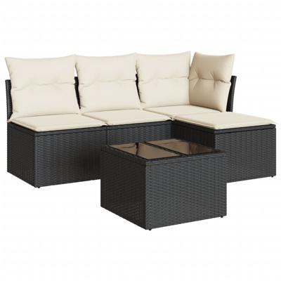 5-delige Loungeset met kussens poly rattan zwart - thumbnail