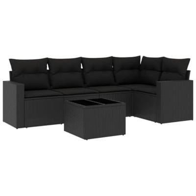 6-delige Loungeset met kussens poly rattan zwart