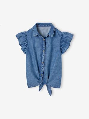 Denim blouse met strik voor meisjes middenblauw Denim blouse met strik voor meisjes middenblauw