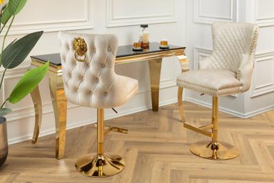 In hoogte verstelbare barkruk CASTLE DELUXE beige fluweel goud roestvrij staal met leeuwenkop - 46149