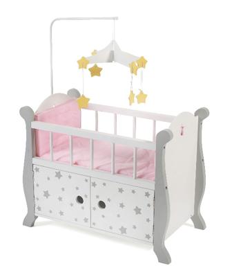 Houten Poppen ledikantje met mobiel - Grey Stars Houten Poppen ledikantje met mobiel - Grey Stars