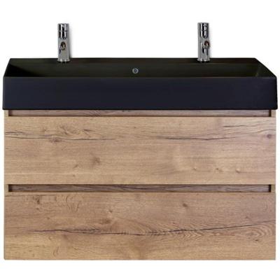 Maxx XL Badmeubelset 100 cm - Natuur Eiken - Wastafel Kube Zwart 2 Kraangaten