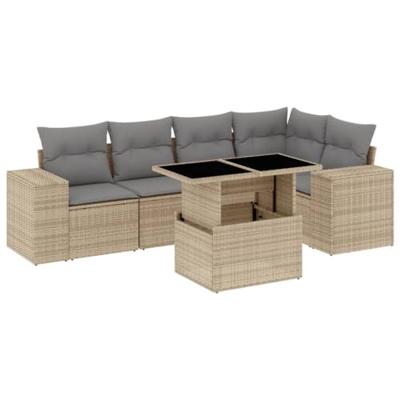 6-delige Loungeset met kussens poly rattan beige