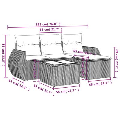 5-delige Loungeset met kussens poly rattan grijs