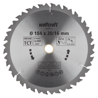 Wolfcraft Handcirkelzaagblad | HM | 22 Zähne | Ø184 x 20/16mm | 1 stuk - 6646000