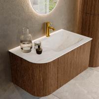 Mondiaz KURVE-DLUX 85 cm Onderkast Greeploos 1 Lade Met Deuren Walnut, Wastafel Solid Surface Rechts Ostra 1 Kraangat Zonder Spiegel (KRVCLO85L1L1D1KR-Wal/Ost) - thumbnail