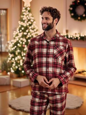 Flanellen kerstpyjama voor heren rood, geruit
