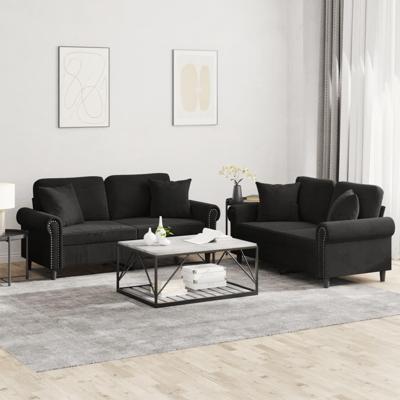 2-delige Loungeset met kussens fluweel zwart - thumbnail