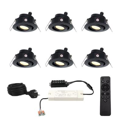 Set met 6 Sienna 12V inbouwspots - 3 Watt 200 lumen - 2700K warm wit - Zwart - IP44 waterdicht - kantelbaar - verandaspots - met afstandsbediening Set met 6 Sienna 12V inbouwspots - 3 Watt 200 lumen - 2700K warm wit - Zwart - IP44 waterdicht - kantelbaar - verandaspots - met afstandsbediening