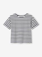 Gestreept meisjes-T-shirt met korte mouwen ongewassen denim - thumbnail