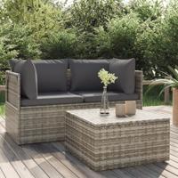 3-delige Loungeset met kussens poly rattan grijs - thumbnail