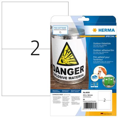Herma 9535 Folie-etiketten 210 x 148 mm Polyethyleen folie Wit 20 stuk(s) Permanent hechtend Laser (kleur), Laser (zwart/wit), Kopiëren (kleur), Kopiëren Herma 9535 Folie-etiketten 210 x 148 mm Polyethyleen folie Wit 20 stuk(s) Permanent hechtend Laser (kleur), Laser (zwart/wit), Kopiëren (kleur), Kopiëren