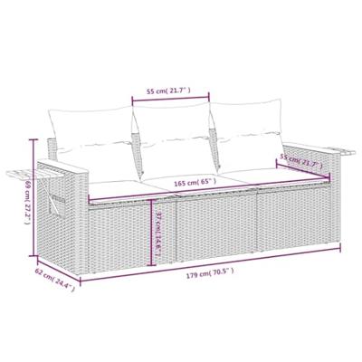 3-delige Loungeset met kussens poly rattan grijs