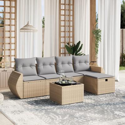 5-delige Loungeset met kussens poly rattan gemengd beige