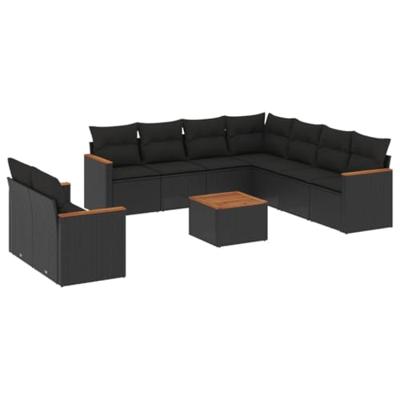 10-delige Loungeset met kussens poly rattan zwart
