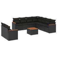 10-delige Loungeset met kussens poly rattan zwart - thumbnail