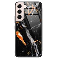 Samsung Galaxy S22 glazen hardcase - Marmer zwart oranje - thumbnail