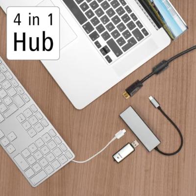Hama USB-C-multiport-adapter, 4-poorts, 2x USB-A, USB-C, HDMI USB Hub Grijs - thumbnail