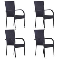 Tuinstoelen stapelbaar 4 st poly rattan zwart - thumbnail