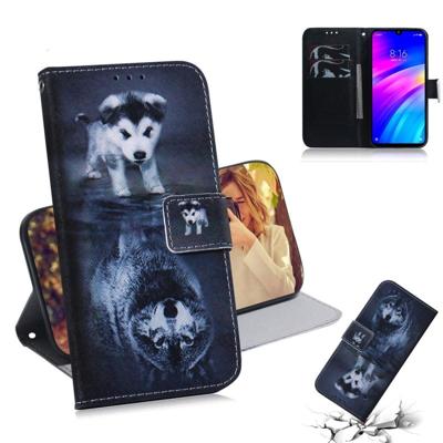 Wolf en hond patroon gekleurde tekening horizontale Flip lederen case voor Xiaomi Redmi 7 met houder & card slots & portemonnee