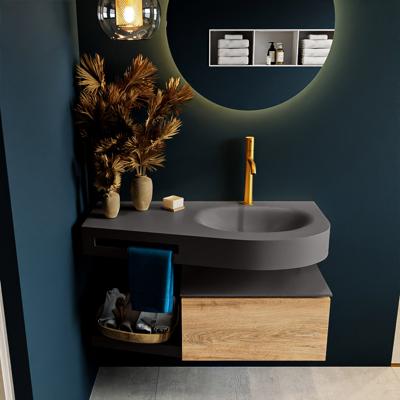 MONDIAZ RIVA 100cm badmeubel onderkast / planchet kleur Washed_Oak met 1 lade. Wastafel DULCET rechts 1 kraangat kleur Dark_Grey.
