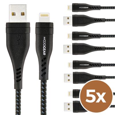 5x MOJOGEAR Apple Lightning naar USB kabel Extra Sterk [VOORDEELVERPAKKING]