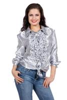 Ruchesblouse satijn zilver - thumbnail