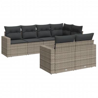 7-delige Loungeset met kussens poly rattan grijs - thumbnail