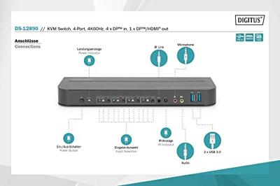 Digitus DS-12890 KVM-extender 4 poorten DisplayPort, HDMI Muis, Toetsenbord 3840 x 2160 Pixel