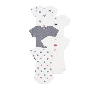 Set van 5 baby-body's met korte mouwen en gestreepte hartjes PETIT BATEAU wit Set van 5 baby-body's met korte mouwen en gestreepte hartjes PETIT BATEAU wit