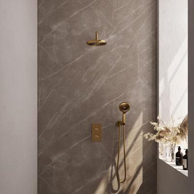 Regendoucheset Inbouw Brauer Gold Edition Thermostatisch 20 cm met 3-Weg Omstelling, Gebogen Wandarm en 3-Standen Handdouche Geborsteld Goud Brauer