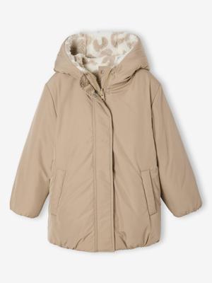 Donsjack met capuchon omkeerbaar luipaard meisjes mokka