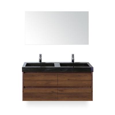 Dante Badmeubelset 120 cm - Walnoot - Wastafel Hardsteen Wit Lucca Dubbel - met Spiegel