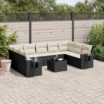 10-delige Loungeset met kussens poly rattan zwart