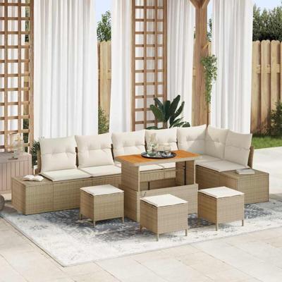 Tuinbankenset met kussen 10 pcs Beige poly rattan