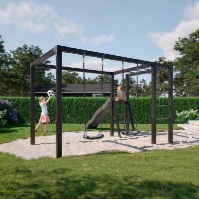 Zwart Houten Pergola 340 x 198 CM Met Dubbele Schommel en Glijbaan