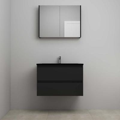 On-Line Badkamermeubelset - 80 cm - Voorgemonteerd - Ladestructuur - Acryl Wastafel - 1 Kraangat - Spiegelkast - Mat Zwart