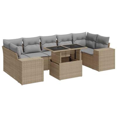 8-delige Loungeset met kussens poly rattan beige